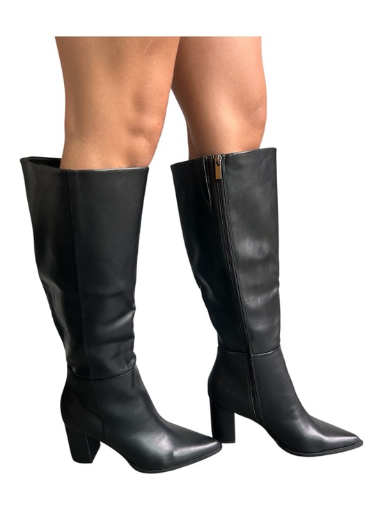 Cellenz Shoes - Black Faux Leather Knee High Pointed Toe Block Heel Boots Size 7 NWOT